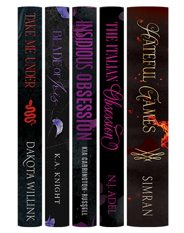 Book spines showing custom foil detailing